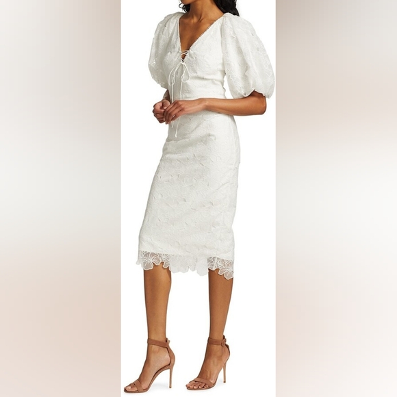 NWT Size 2 Monique Lhuillier White Organza Lace Puff Sleeve Dress - Picture 5 of 11
